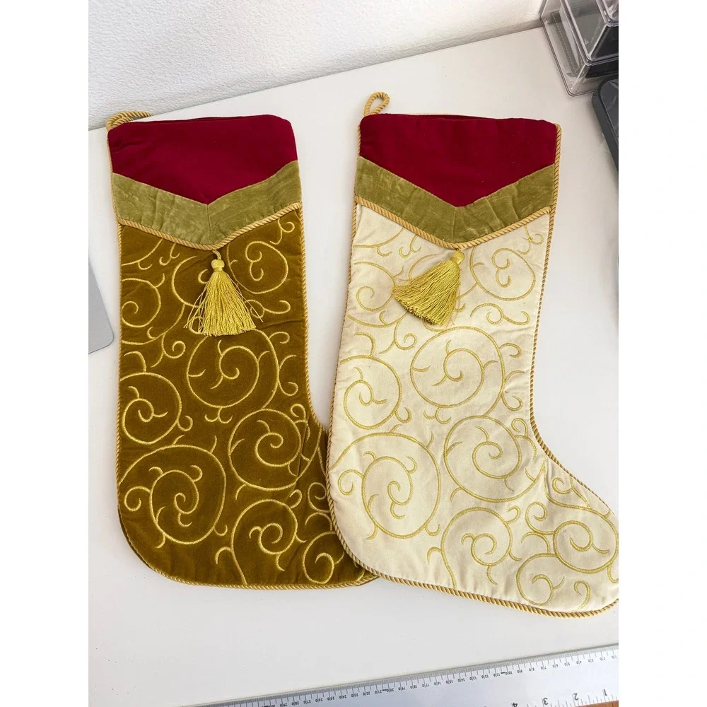 Set of 2 Velvet Christmas Stockings Gold Embroidered Swirl Tassel Holiday Decor